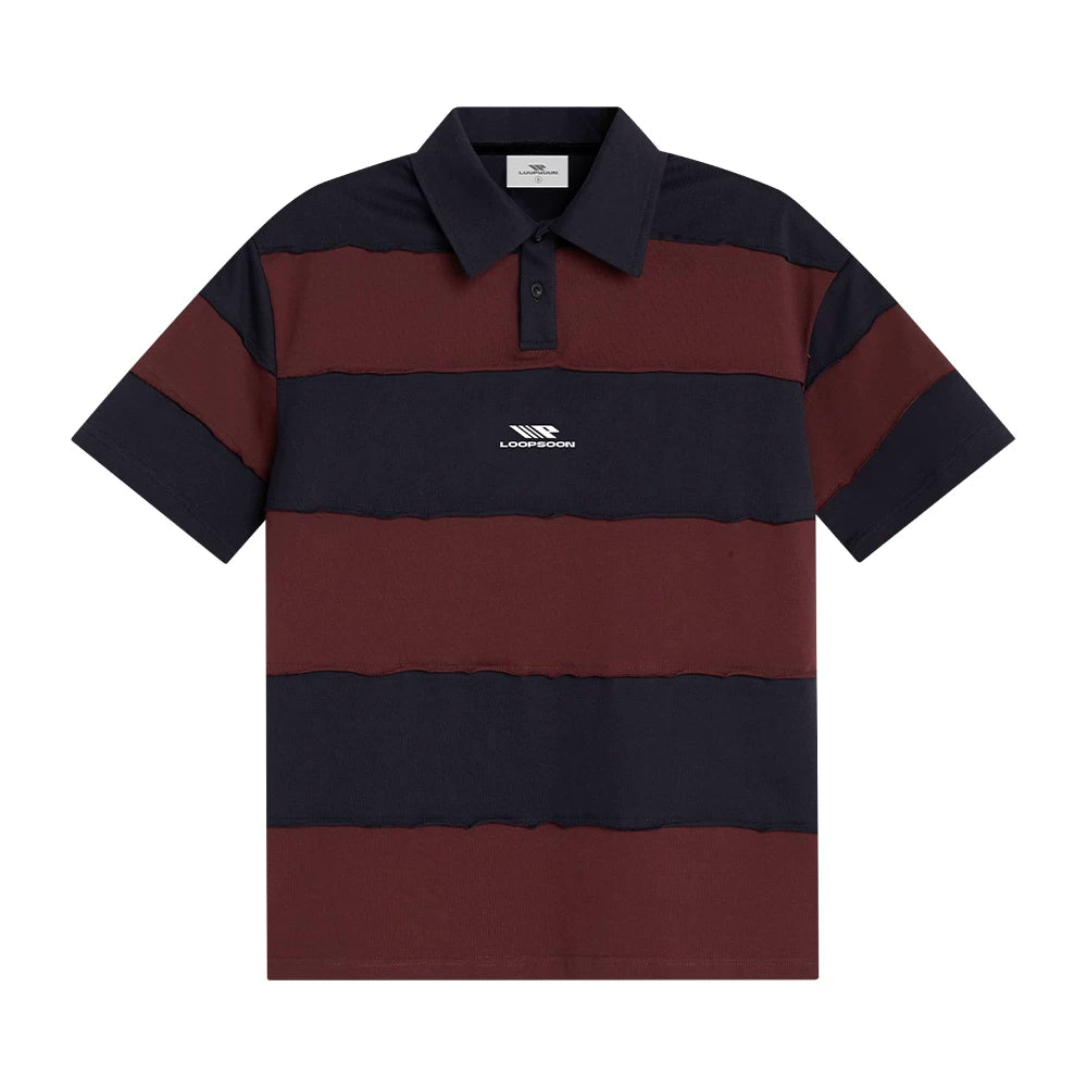 Loopsoon Vintage Contrasting Stripe Stitching Rough Edge Polo Tee