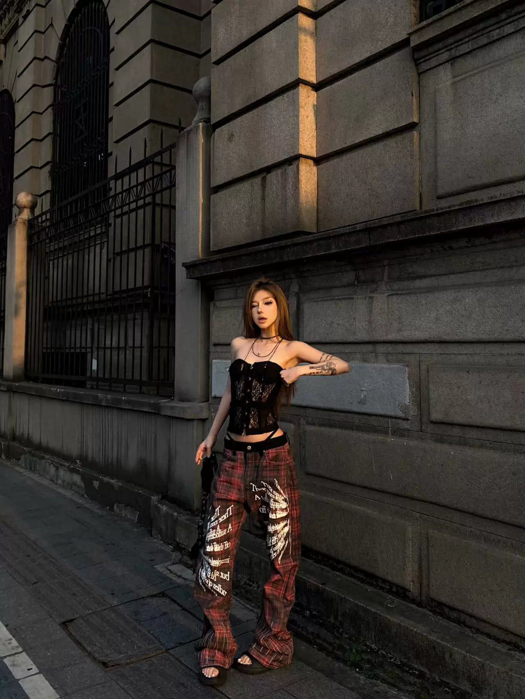 DETW Red Plaid Embroidered Scimitar Jeans
