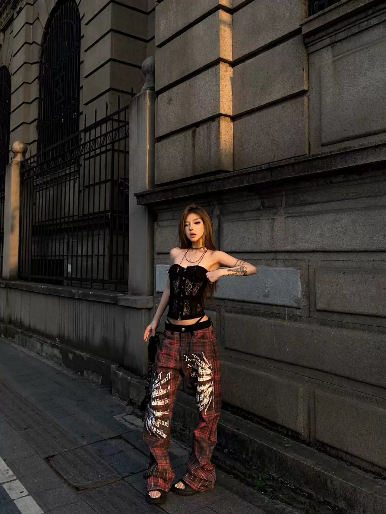 DETW Red Plaid Embroidered Scimitar Jeans