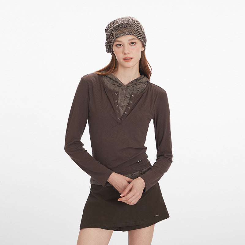 Nariele Fake Two-Piece Hooded Ripped Slim Long Sleeve