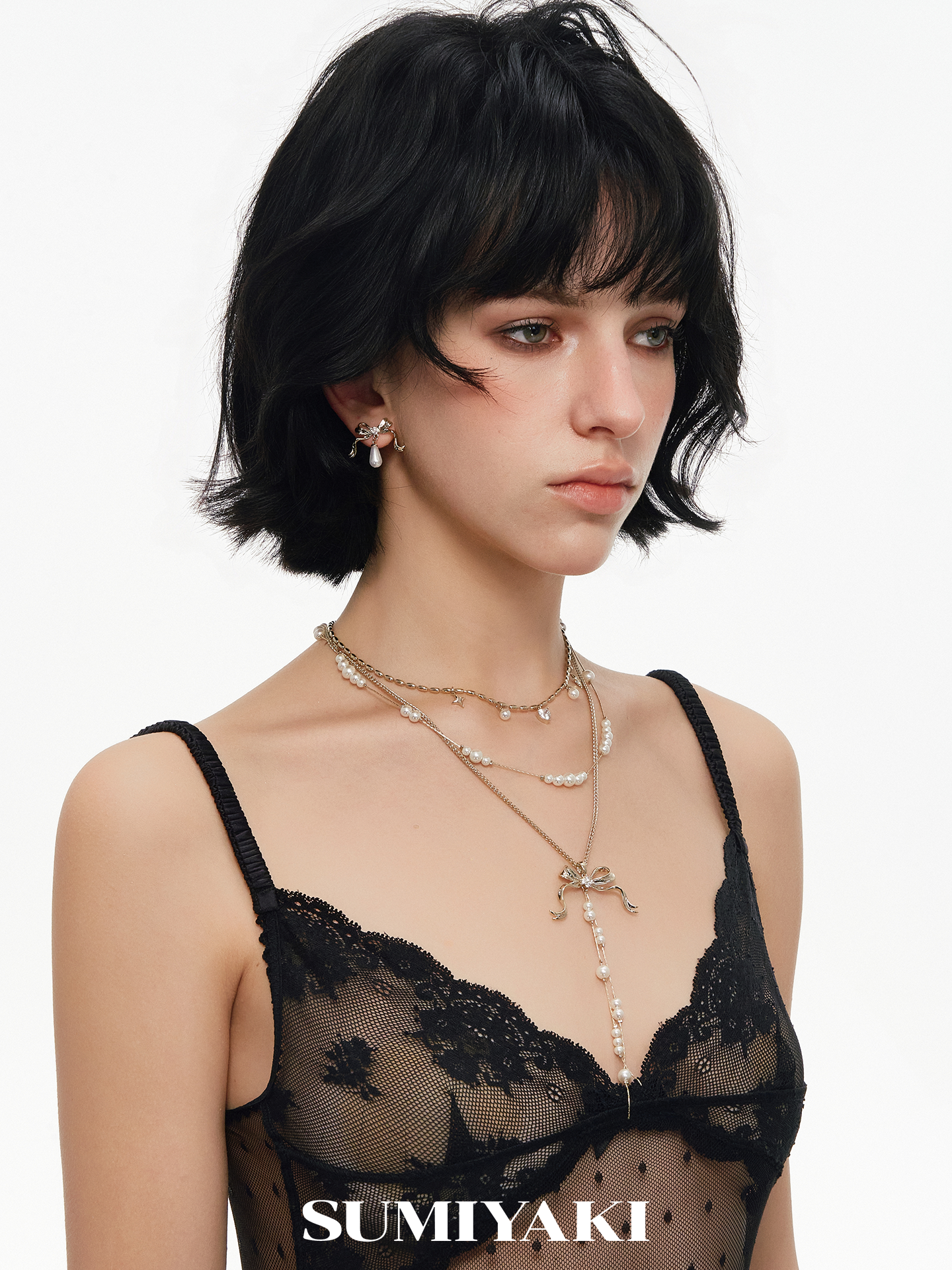 SUMIYAKI Bow Multi-layer Pearl Collarbone Necklace
