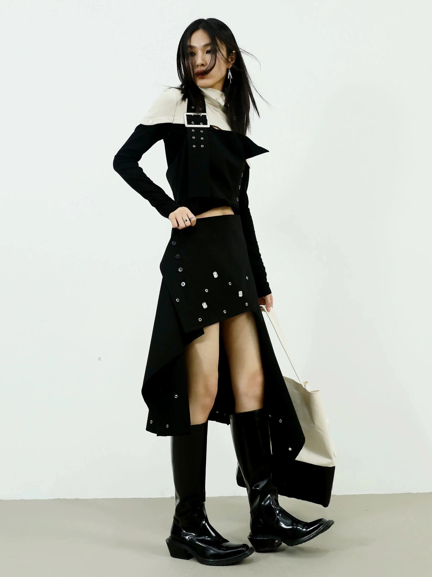 JNYLON Bright Diamond Rivets Two Wear Neck Irregular Skirt