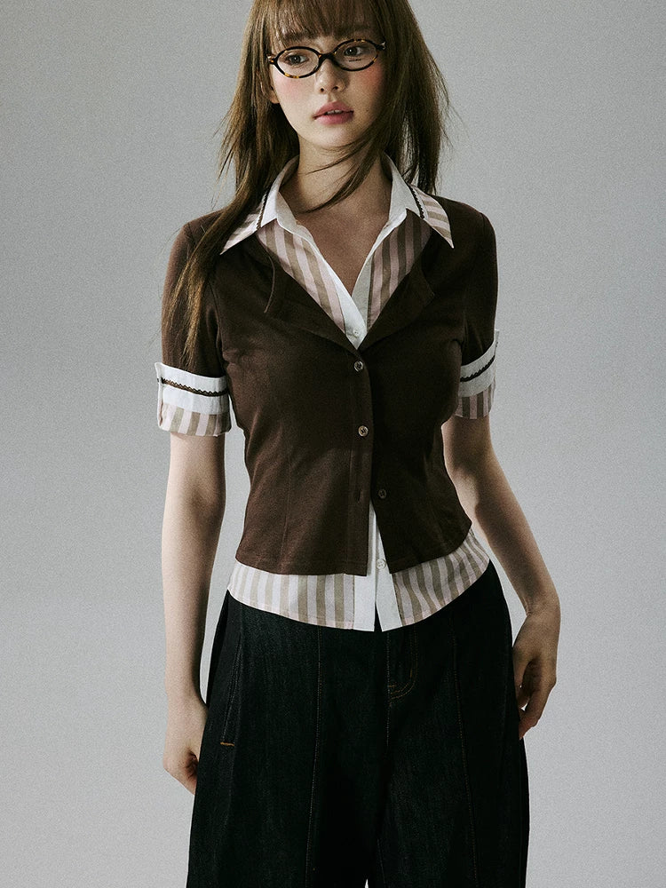 LOST FOREST Fake Two Pieces Stacked Through Waist and Thin Tee