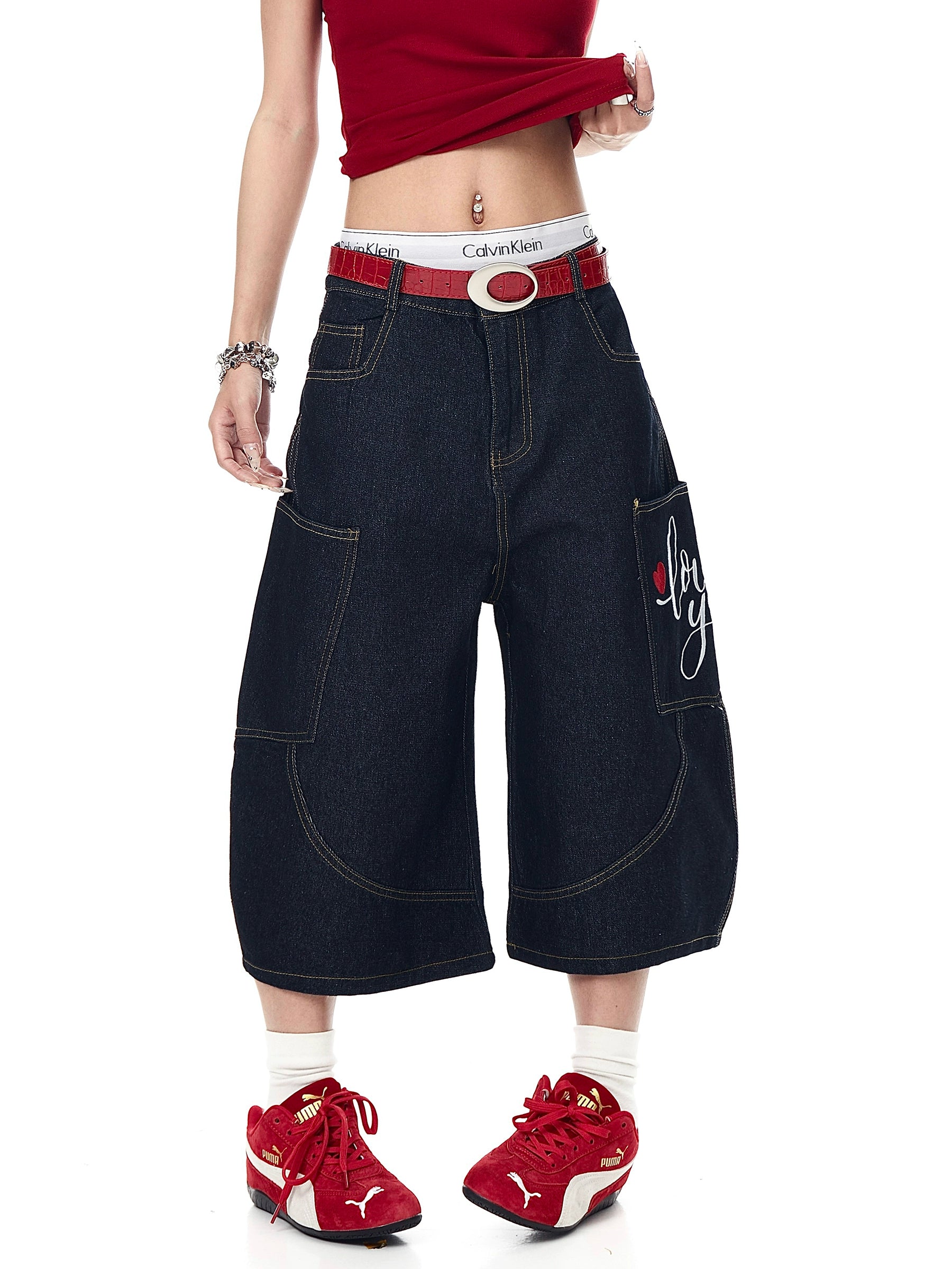 BLACKLISTS Vintage Love Embroidered Scimitar Denim Shorts