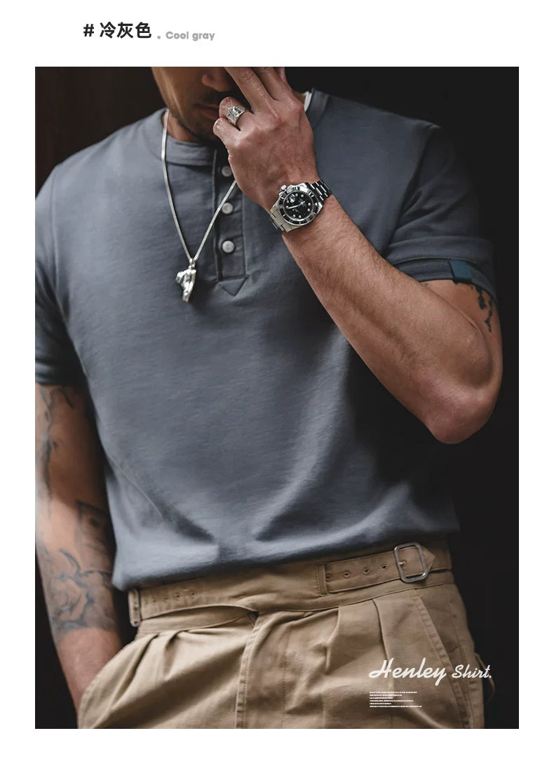 Madden heavy Henry collar short-sleeved pure cotton old money Ami Kaji T-shirt Henry shirt men's