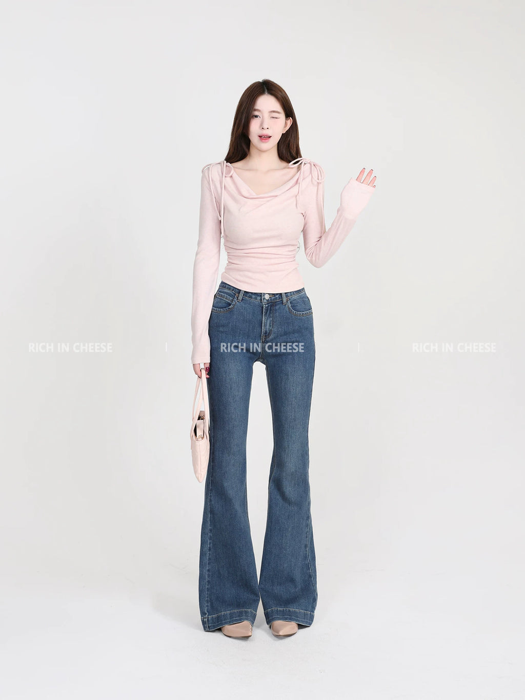 RICH IN CHEESE Pure Desire Swing Neck Knitted Waist Pleated Long Sleeves