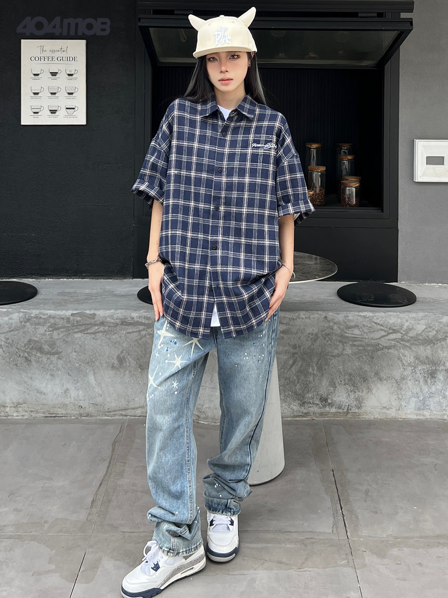 404MOB contrasting color polished embroidery short-sleeved plaid shirt