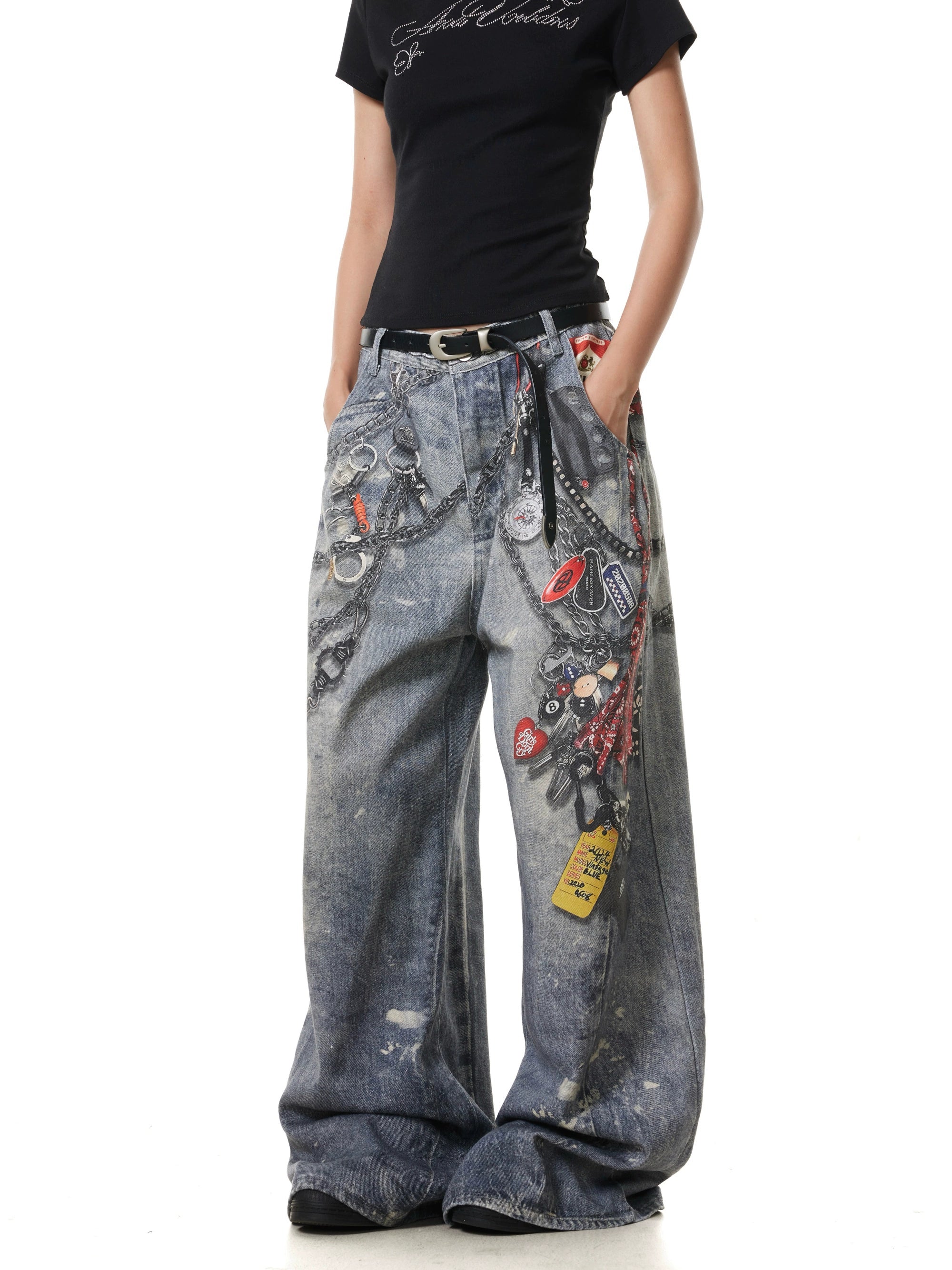 BTSG "Washed and old splashed ink 3D digital printing chain jeans"
