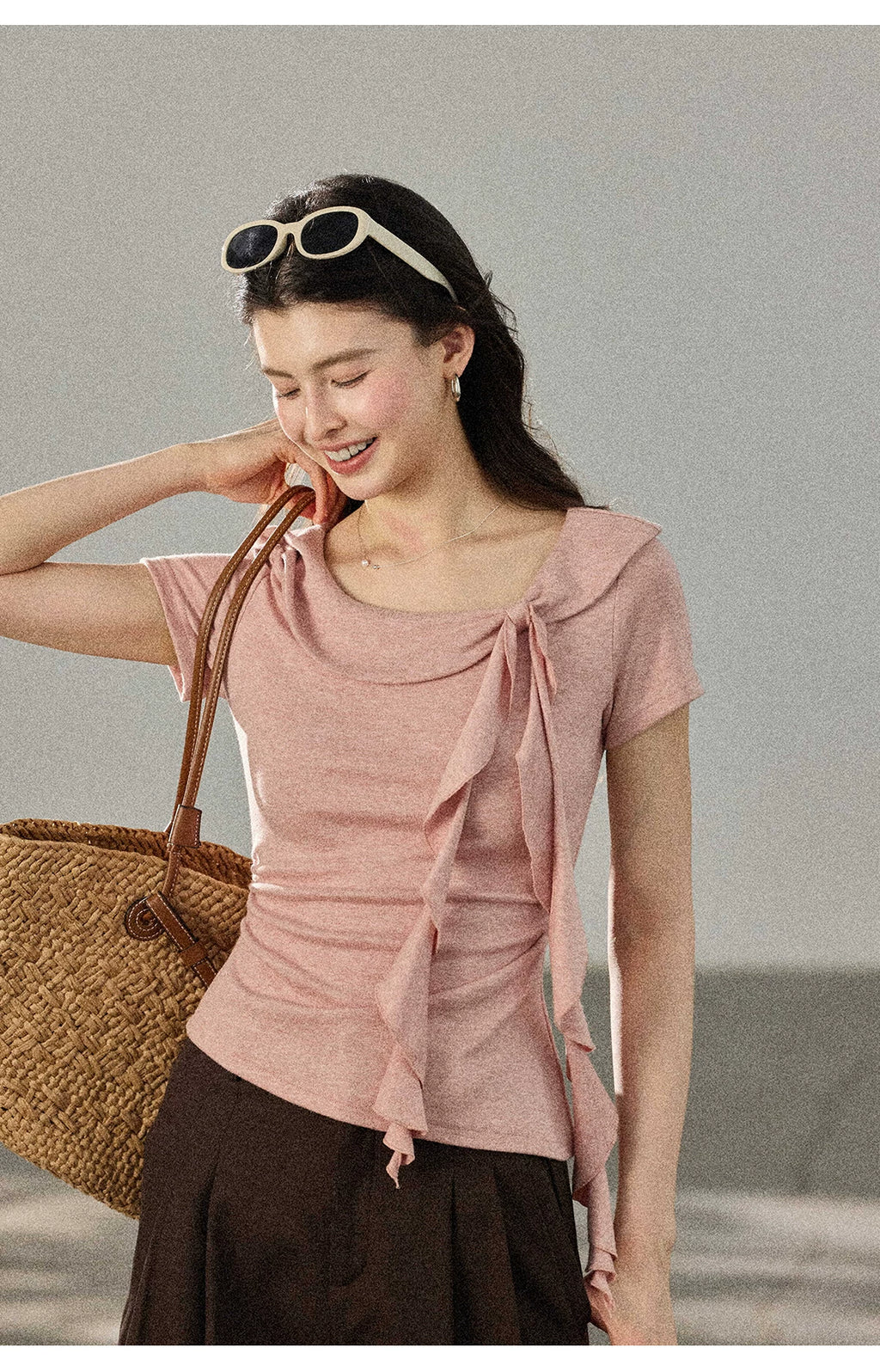 TYANG Waist Lace-up Large Lapel Streamer Slim Tee