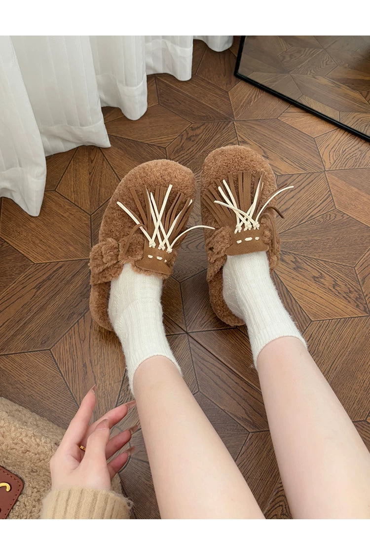 CHRNDXEE Leather Fringed One-pedal Flat-soled Fluffy Shoes