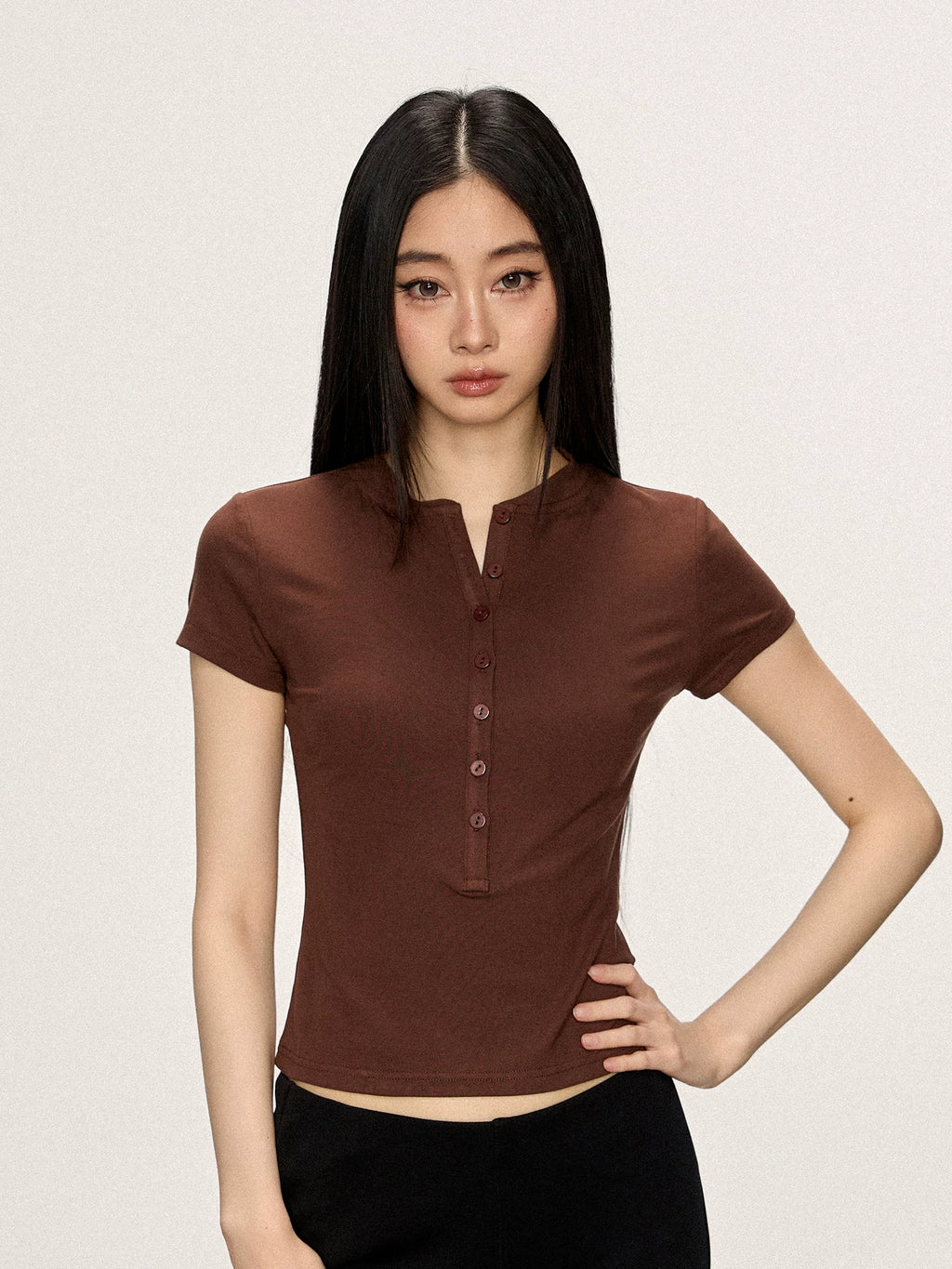 Cherry Melody Henry Collar Shoulder Crew Neck Slim Tee