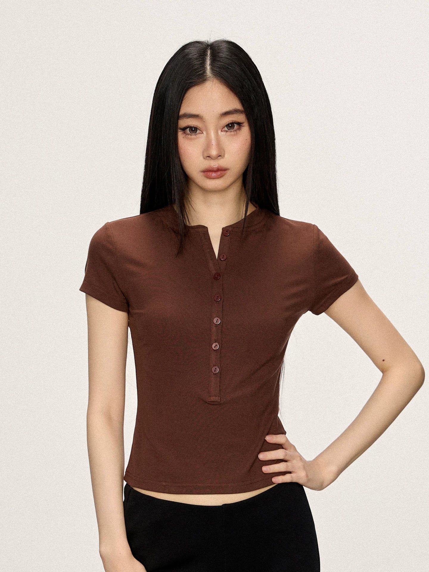 Cherry Melody Henry Collar Shoulder Crew Neck Slim Tee