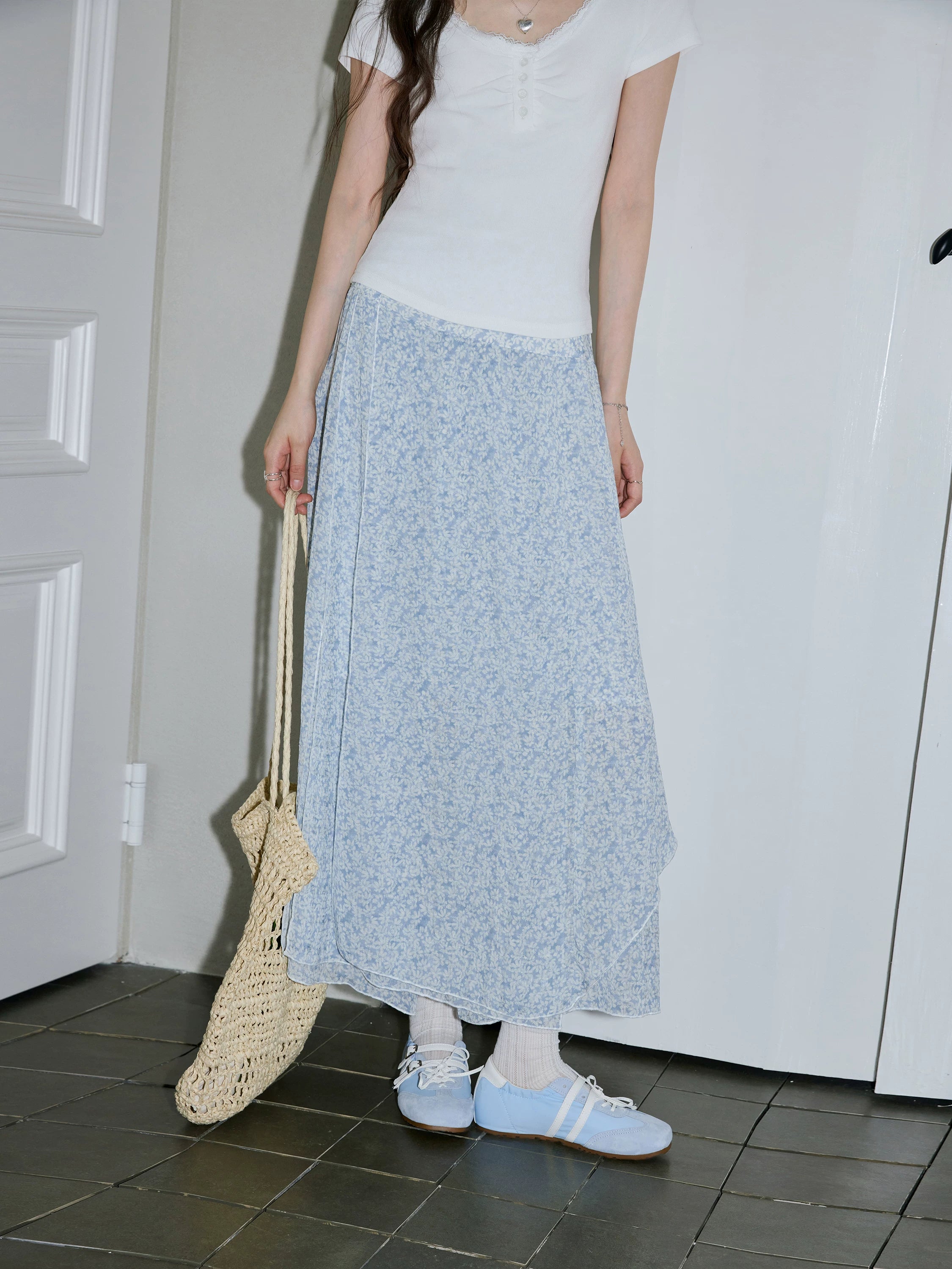 XUJING Floral Irregular Drape Thin Skirt