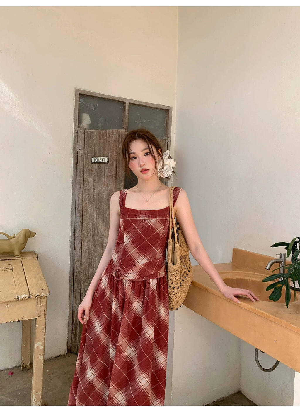 KANO Red Grid Suspender Belt Waist Dress