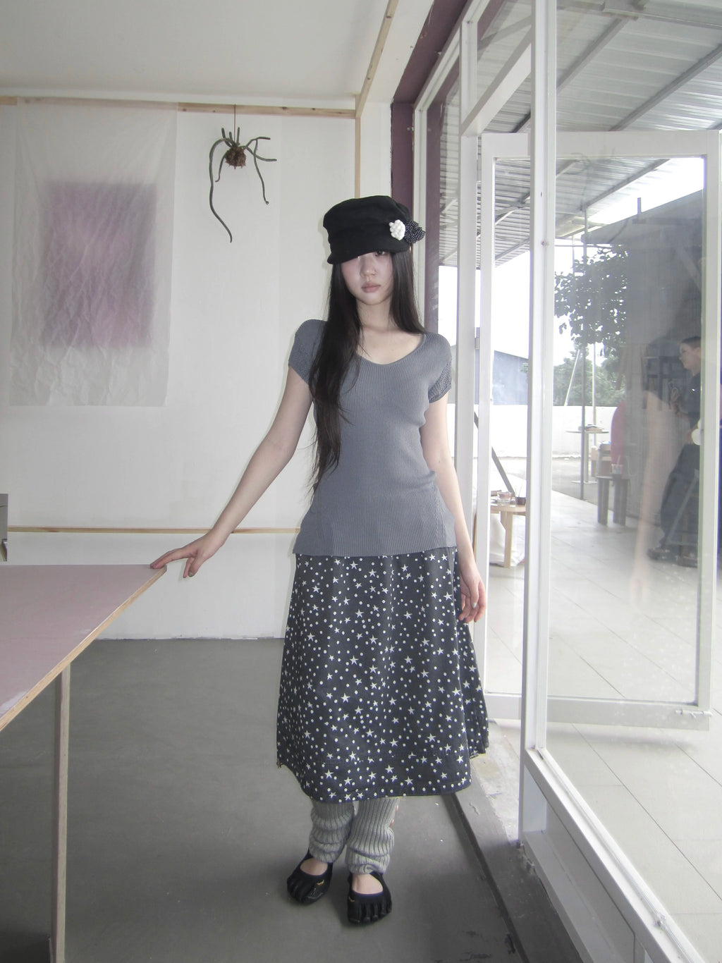 Ang: Project Vintage Star Polka Dot Print Drawstring Denim Skirt