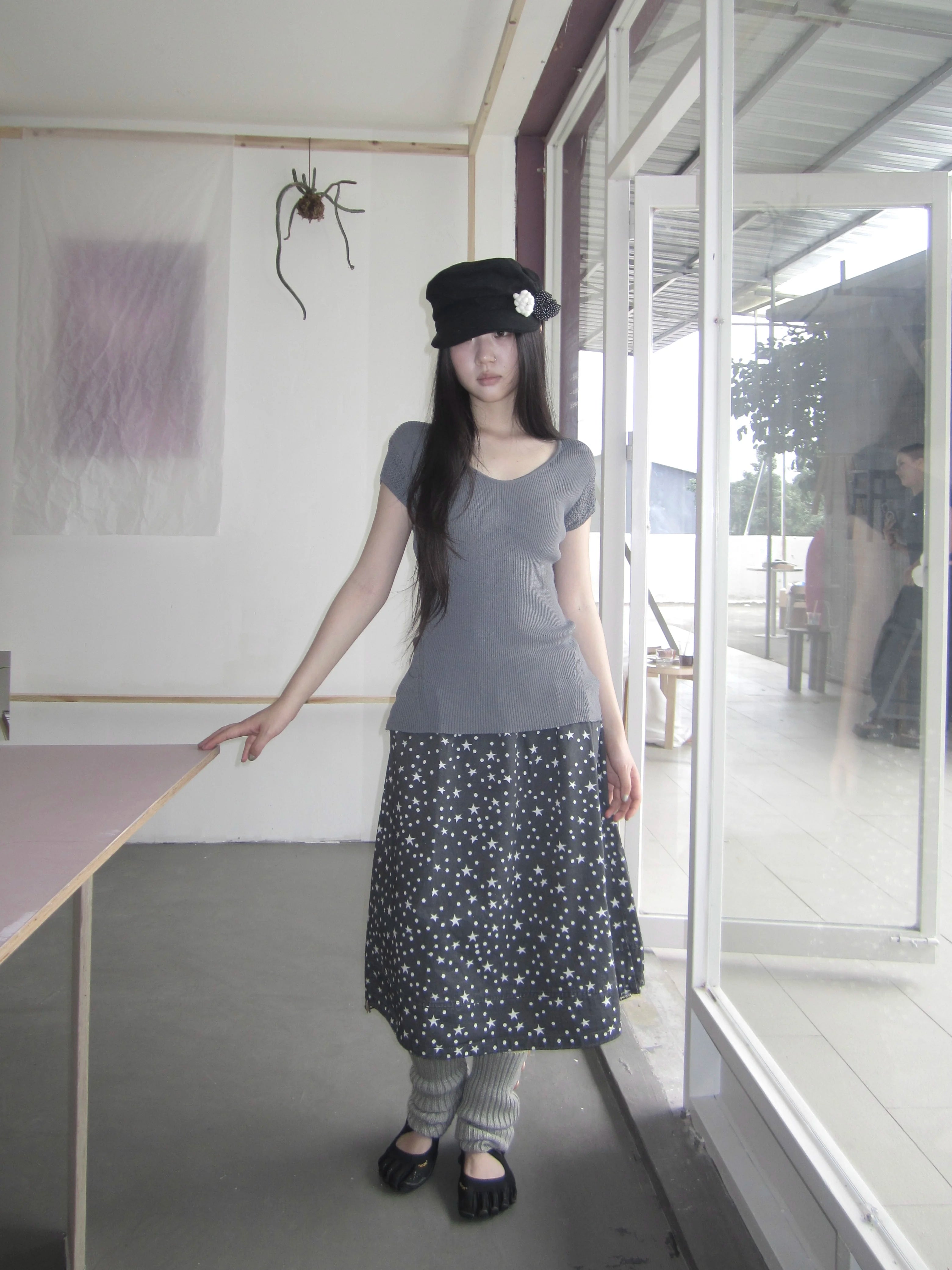Ang: Project Vintage Star Polka Dot Print Drawstring Denim Skirt