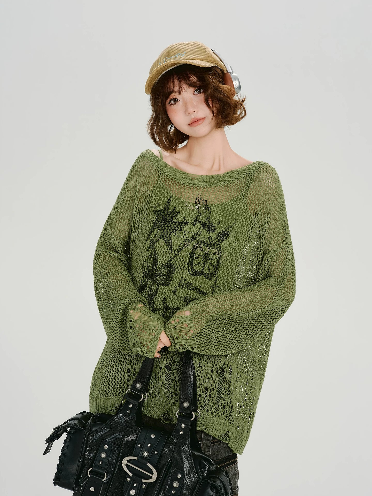 Girlyhalo Vintage Cut-Out Knitted Loose Blouse