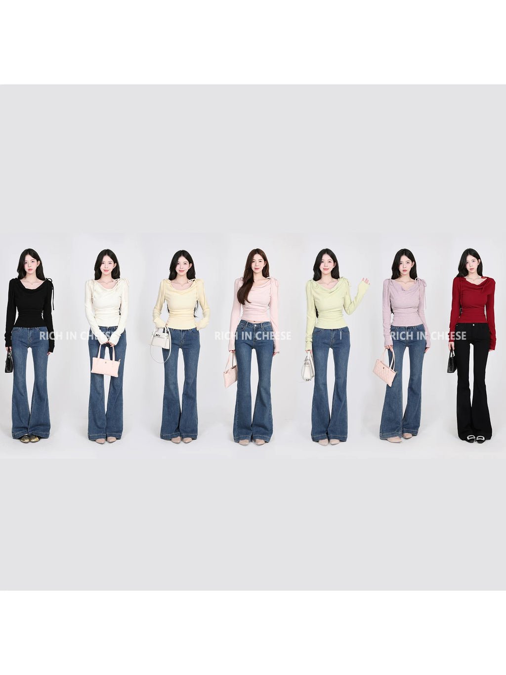 RICH IN CHEESE Swing Neck Knitted Waist Long Sleeve
