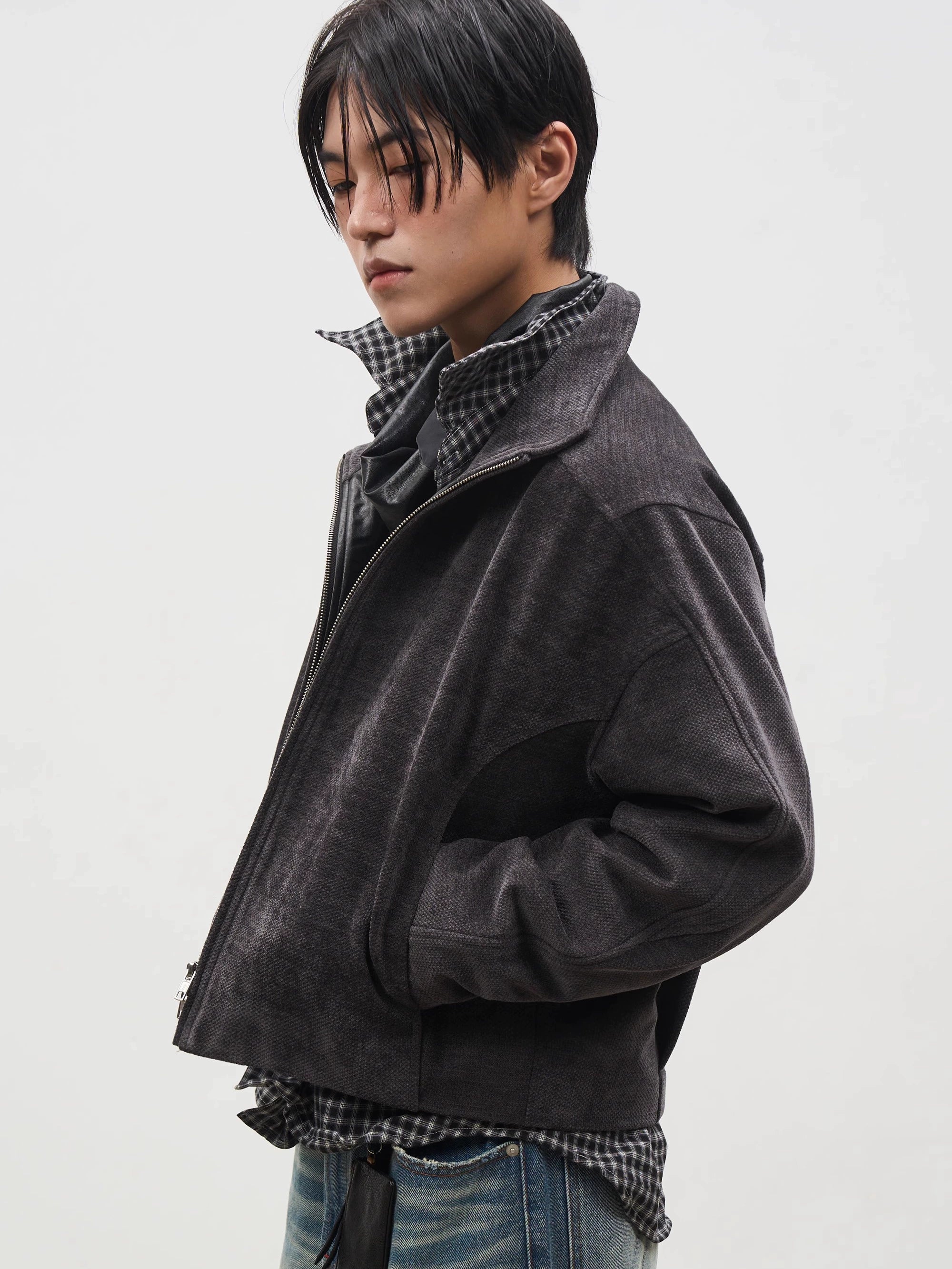 SOUTHFISH Stand-up Collar Retro Micro-gloss Short Jacket