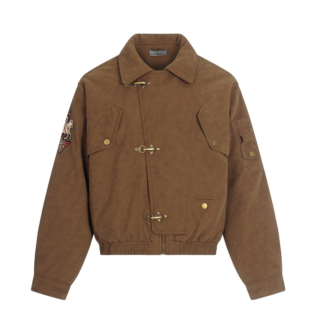 NOMANIAI Matte Textured PU Leather Embroidered Lapel Jacket