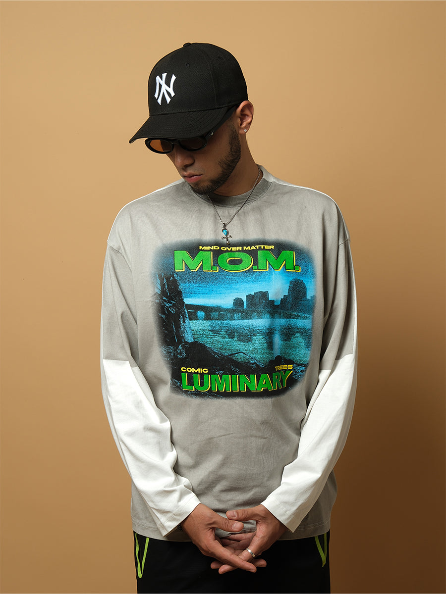 ComicTree C.t splicing fake two-piece Long Sleeve Tee