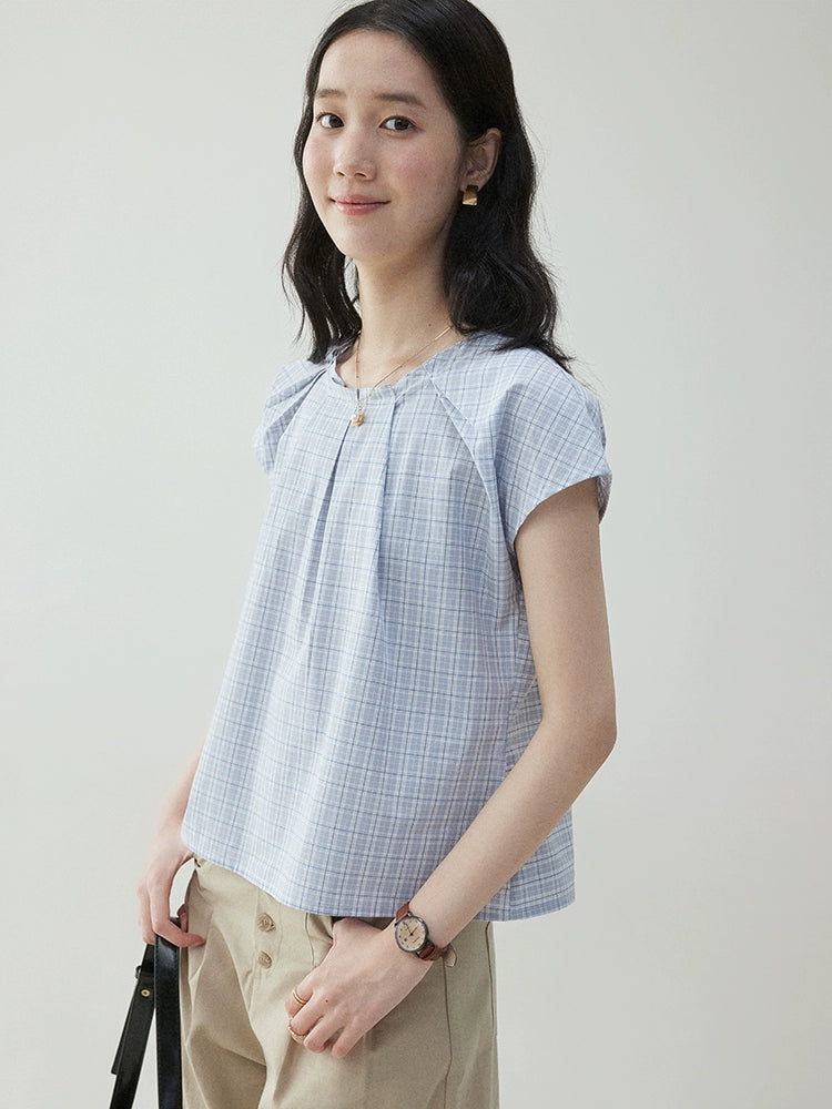 VOOE Contrast Checked Pleated Loose Fly Sleeve Shirt