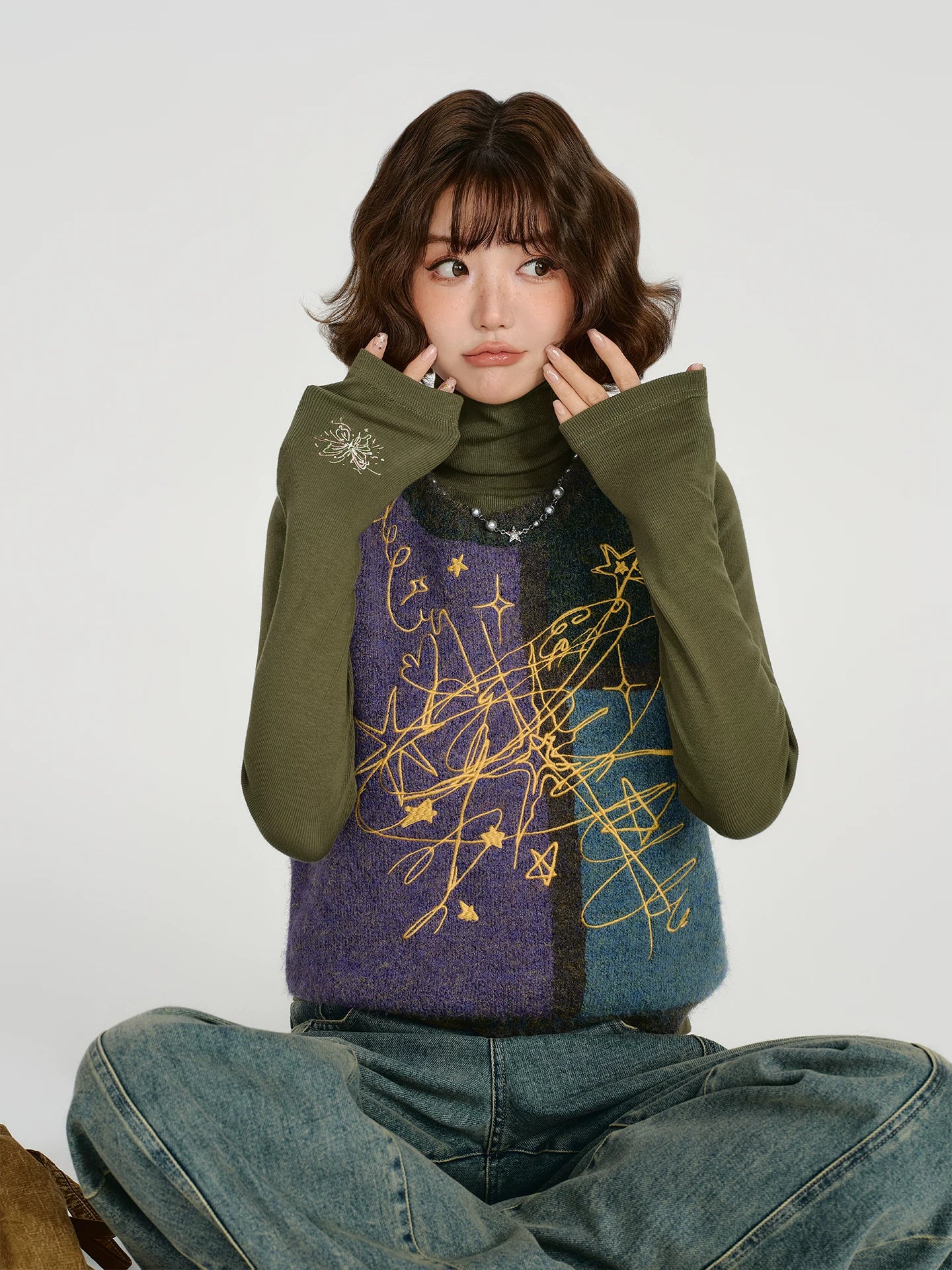 Girlyhalo Retrohigh Collarembroidersilmslimming Looklong Sleeves