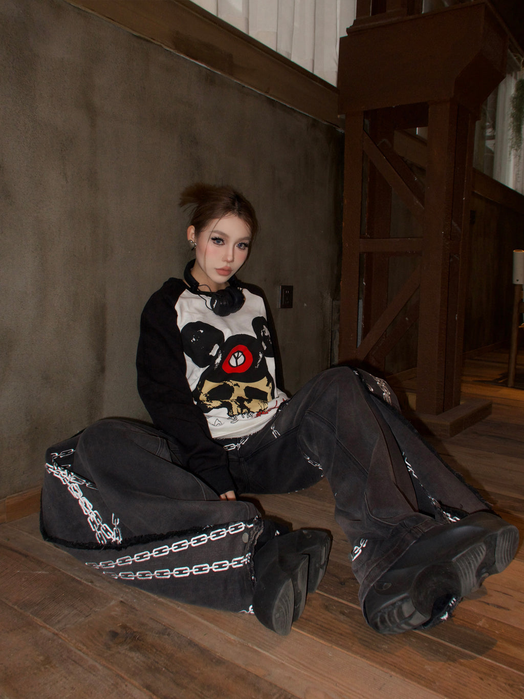 Human Voices Heavy Skull Print Black and White Shoulder Long Sleeve Tee