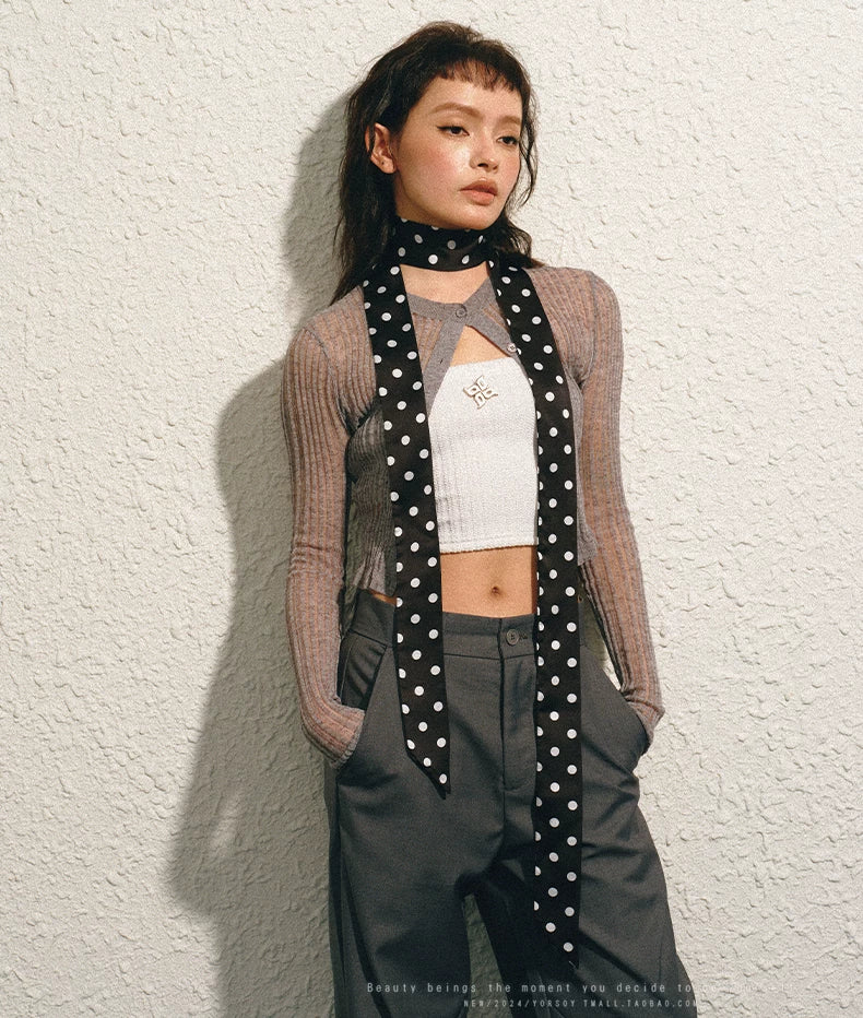 YORSOY Retro Polka Dot Thin and Narrow Silk Scarf
