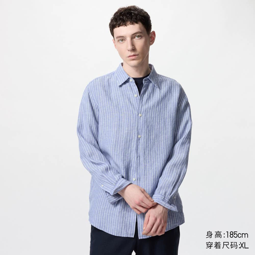 Uniqlo Men's Clothing Women's French Hemp Striped Shirt Long Sleeve Linen Shirt Casual 25 Spring and Summer New 474508
