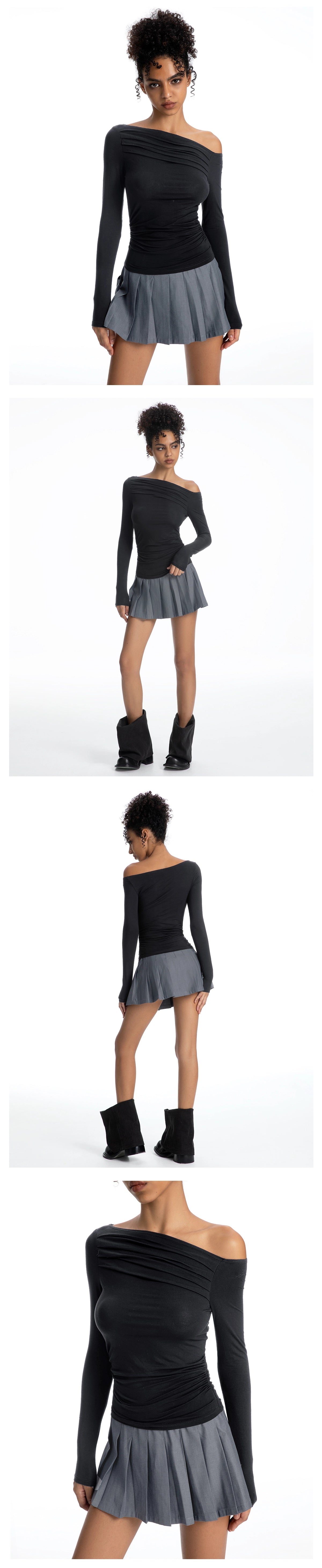 ABMY Pleated Slim Skinny Slash Shoulder Tee