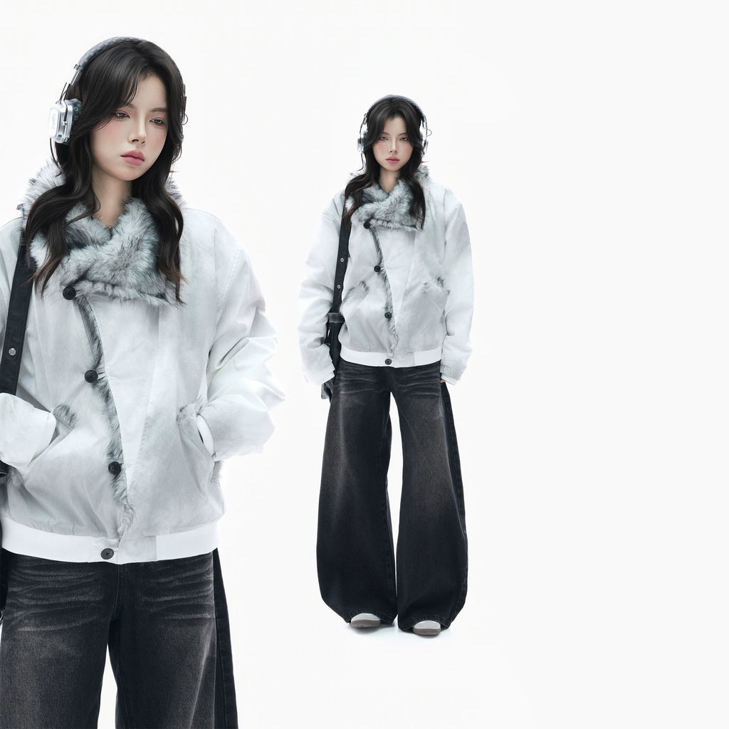 Zuocisankon Plush Lapel Diagonal Buckle Tie-dyed Cotton Jacket
