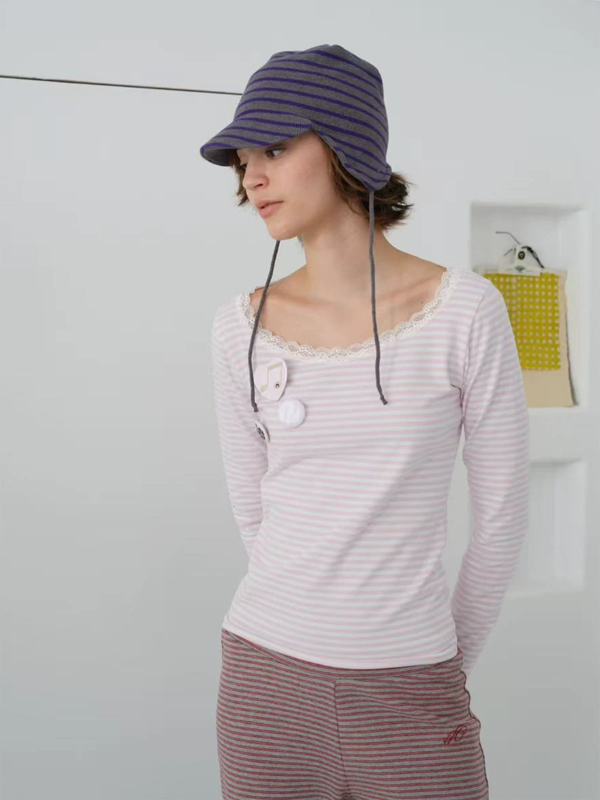InsGale Striped Lace Stitching Slim Sleeve