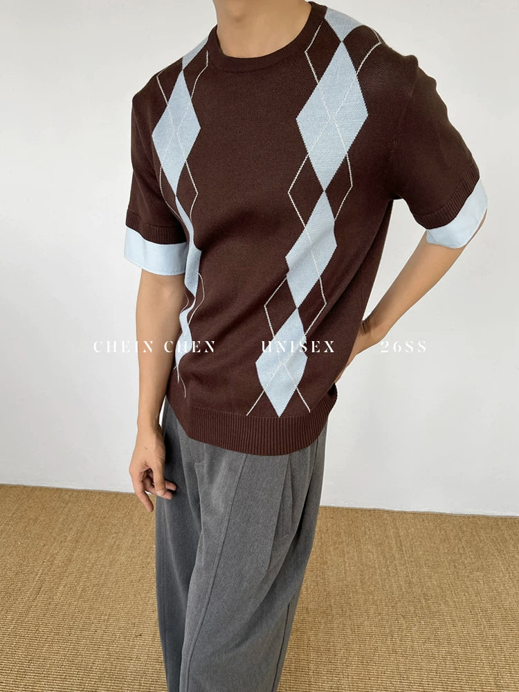 Chein Rhombus Shirt Collar Fake Two-piece Knitted Sweater