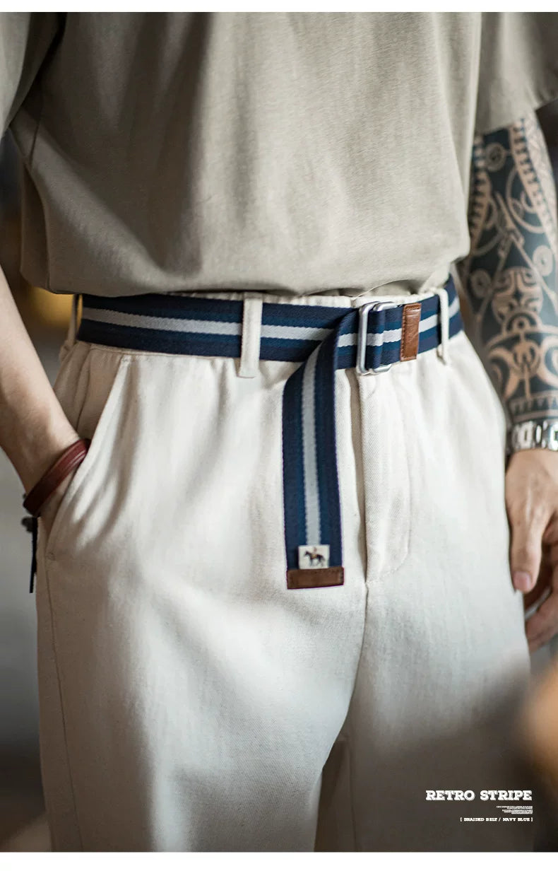 Maden No-Punch Elastic Braided Double Loop Buckle Striped Belt