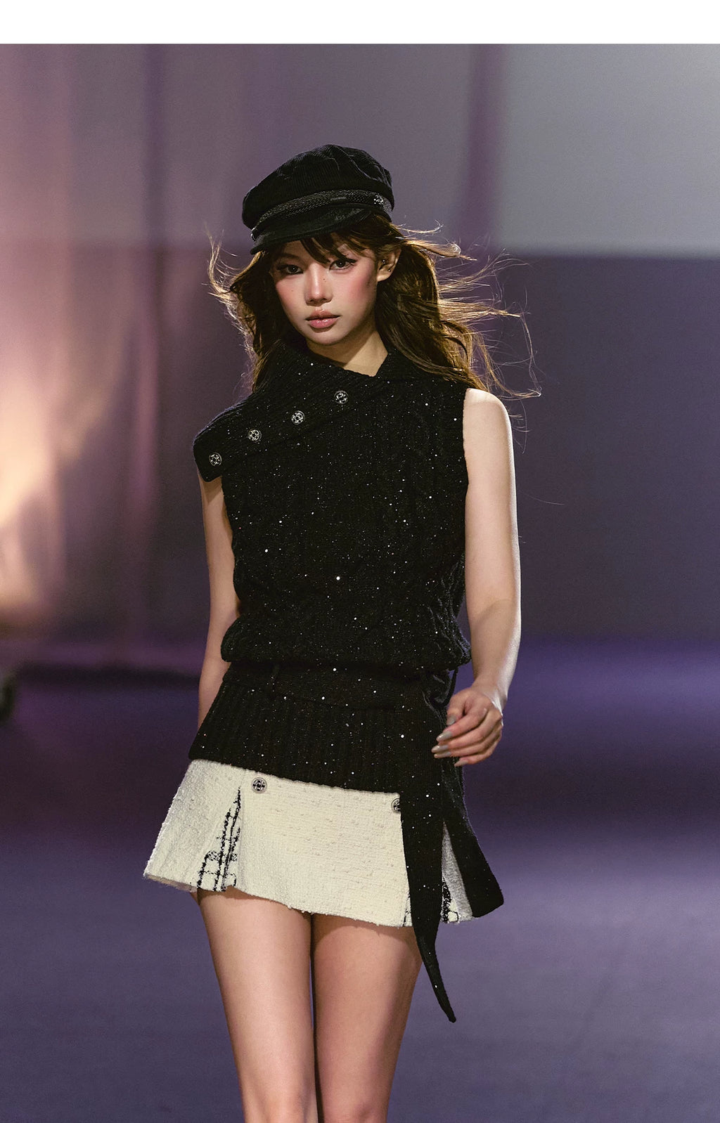 AGAM Vintage Lapel Plaid Sequin Fine Glitter Wool Vest