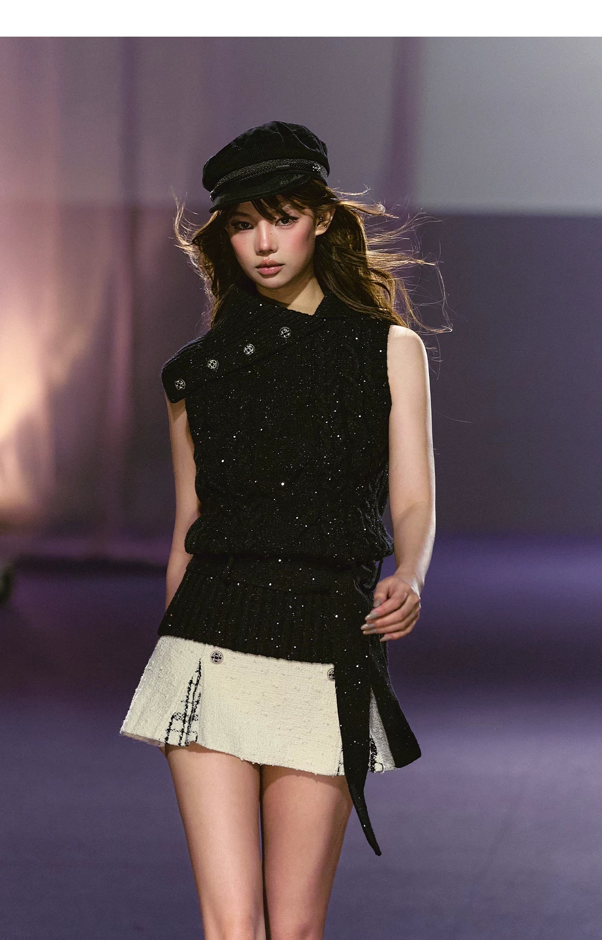AGAM Vintage Lapel Plaid Sequin Fine Glitter Wool Vest