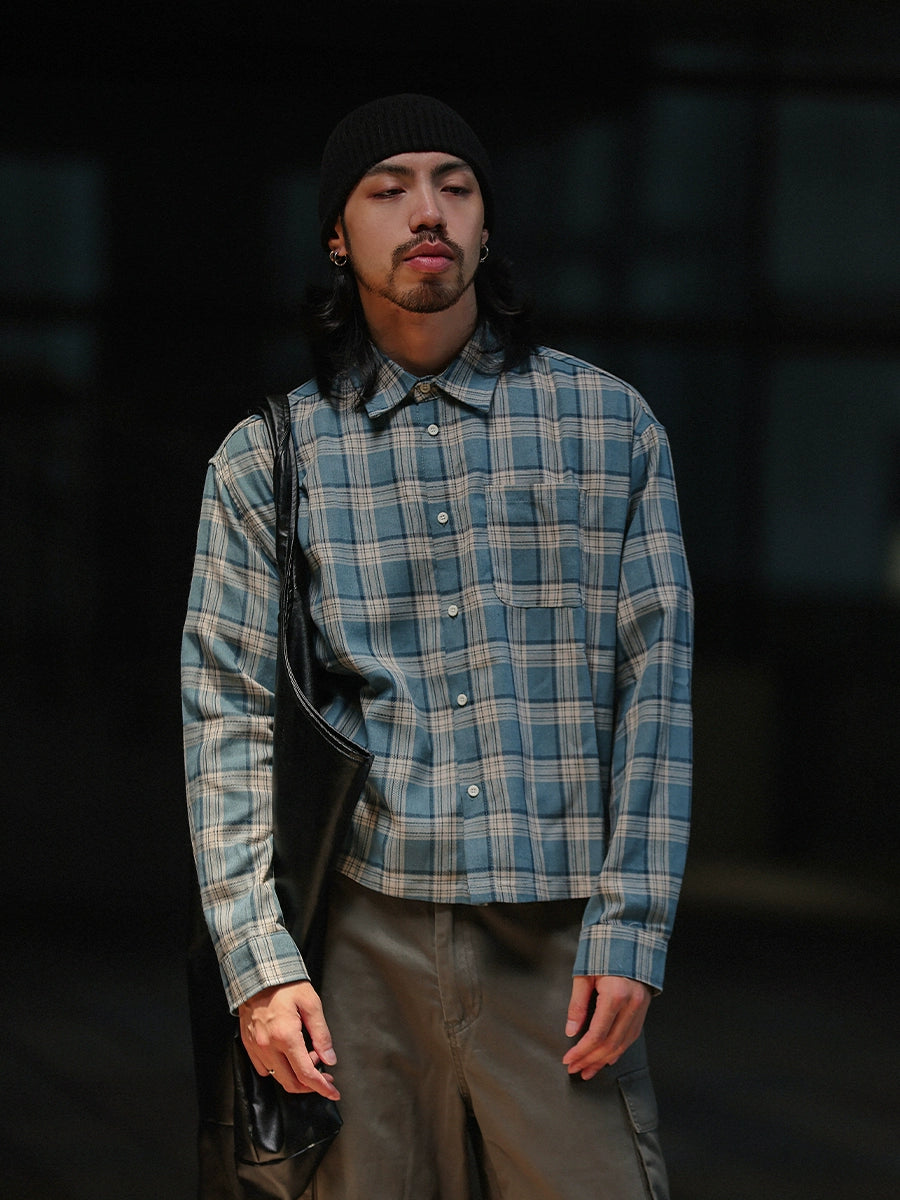 NOEARS Japanese Retro Plaid Loose Long-sleeved Square Neck Shirt