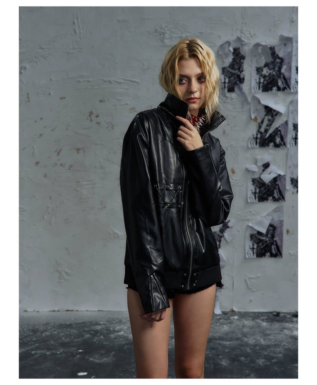 PAIKI Cross Strap-on Leather Jacket Sweater Collar Jacket