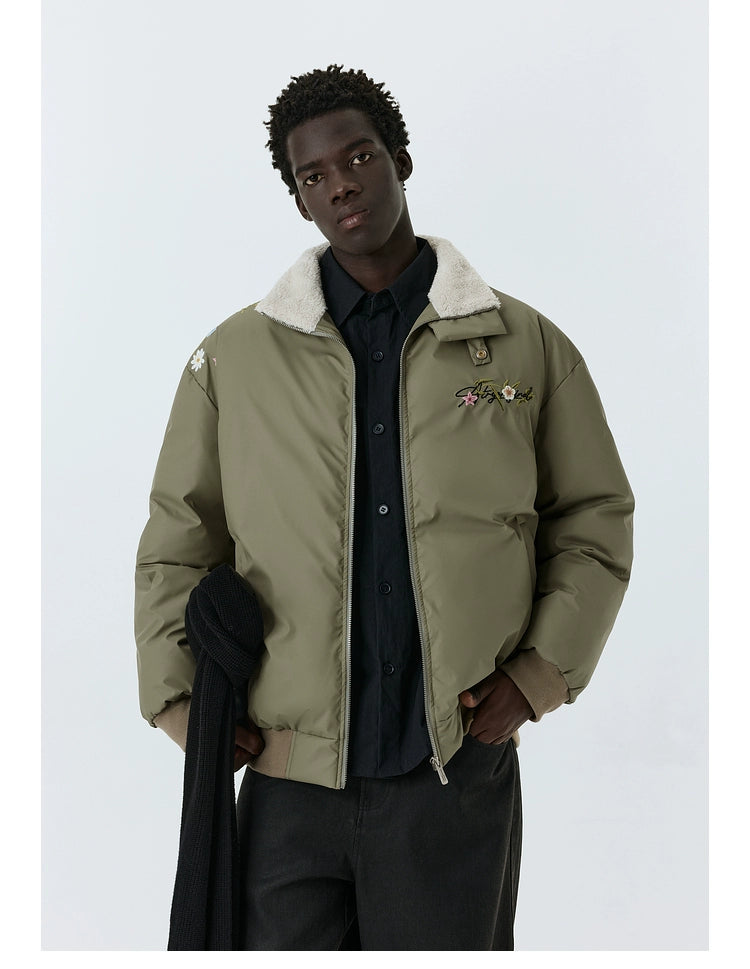 ATRY Embroidered Floral Fur Collar Lapel Thick Coat