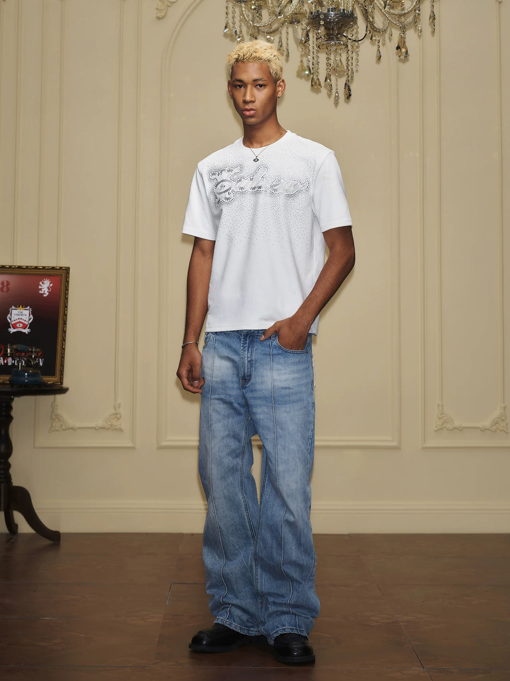 YADcrew Raw-edge Print Lightning Jeans