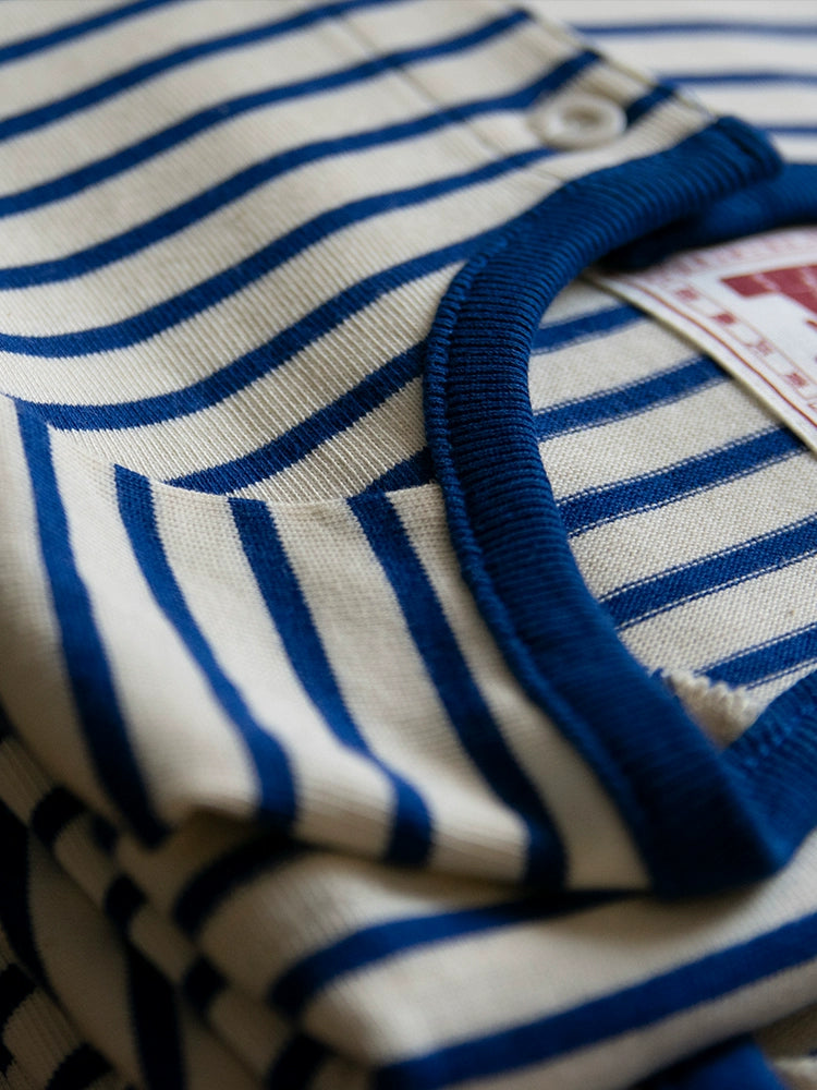 PrintAce Henry Collar Shoulder Vintage Blue and White Striped Tee