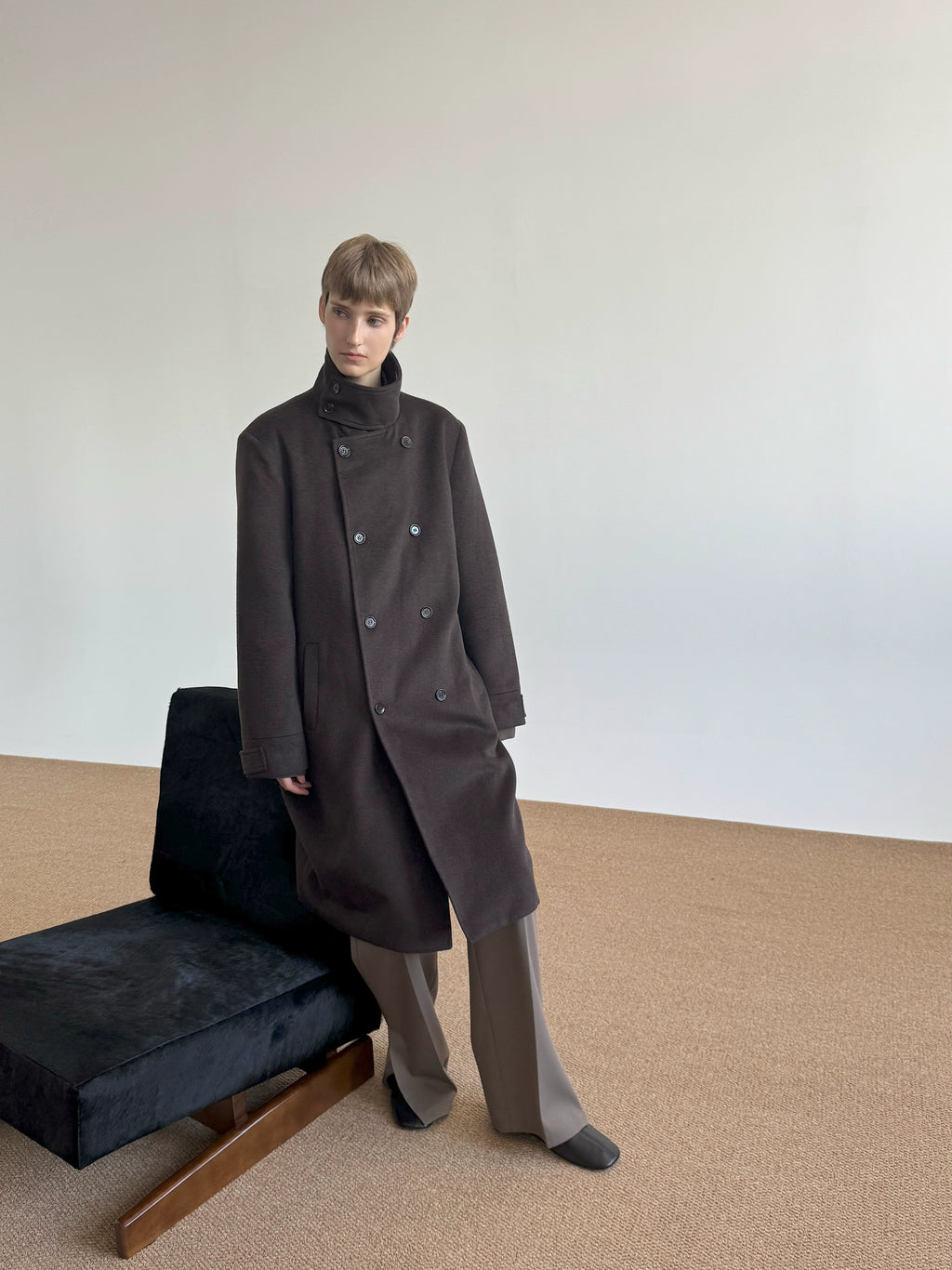 COLN Wool Double-breasted Stand-up Coat