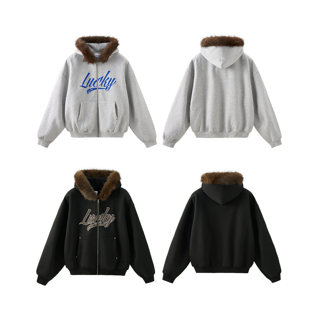 Inflation Hooded Embroidered Plush Collar Short Jacket