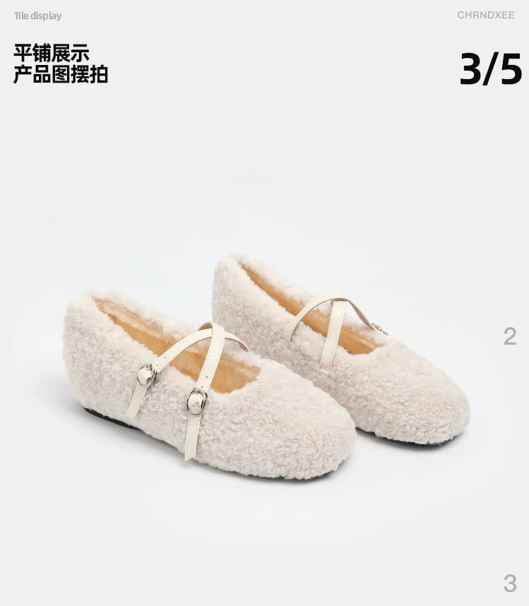 CHRNDXEE Cross-buckle Flat-soled Lamb Wool Shoes