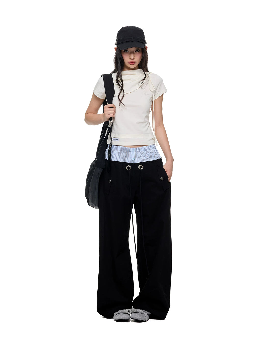 JIKOO Striped Patchwork Waistband Drawstring Work Pants