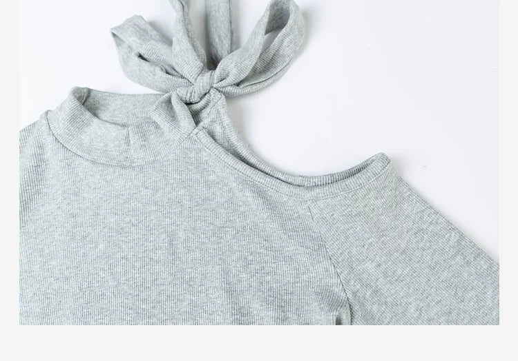LOVEHEYNEW Strap Hollow Bow Slim Off-Shoulder Long Sleeve