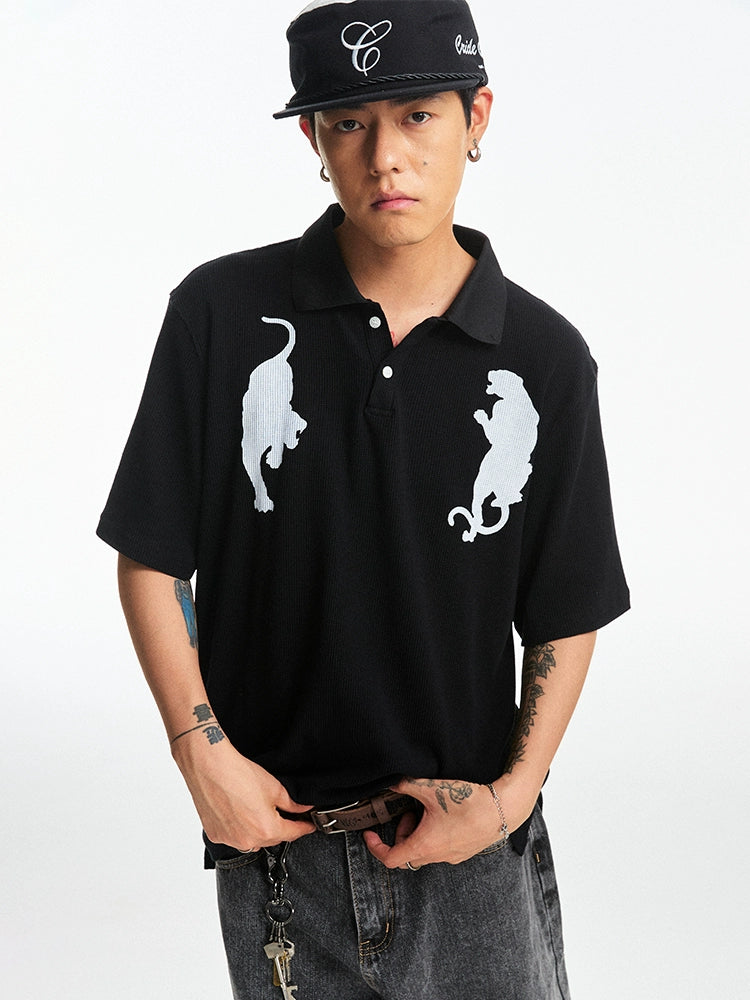 CoosRetro Polo Collar Casual Versatile Printed Tee