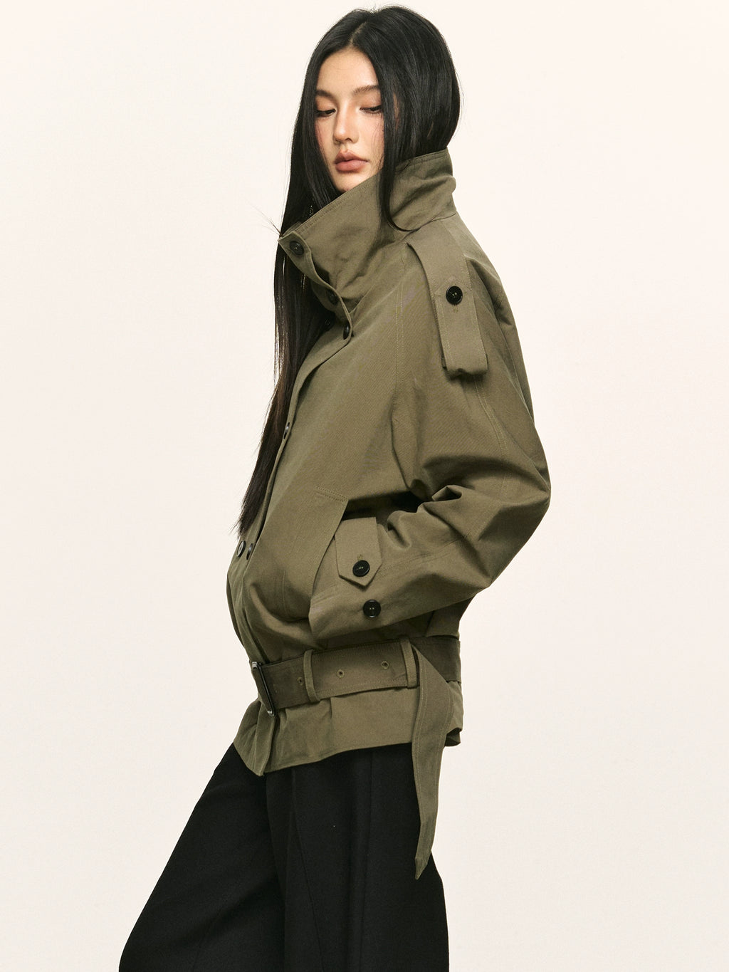 Anna Aneae Stand-up Collar Strap-on Tooling Trench Coat