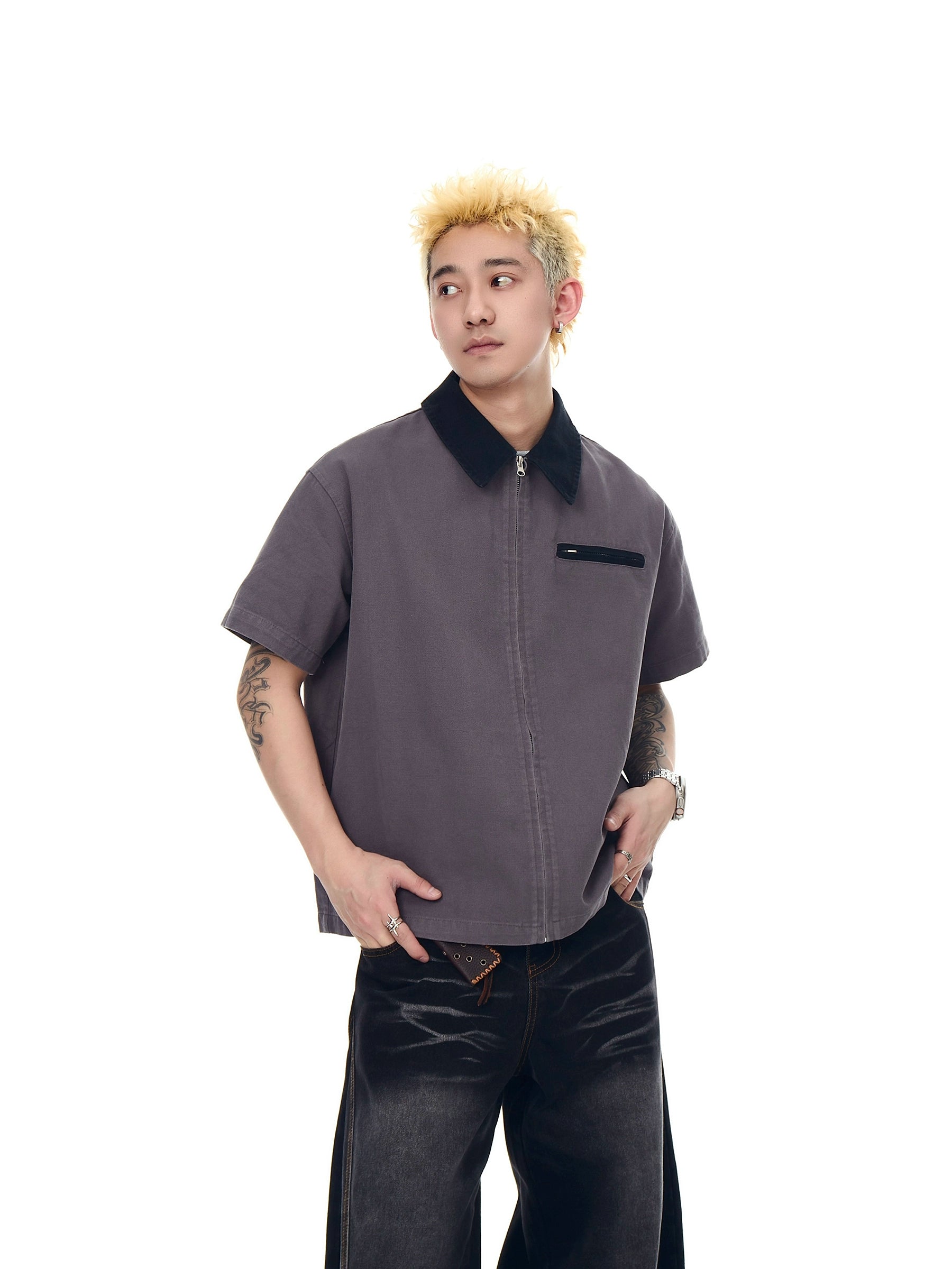 BLACKLISTS Short Wide Lapel Zip Short Sleeve Shirt